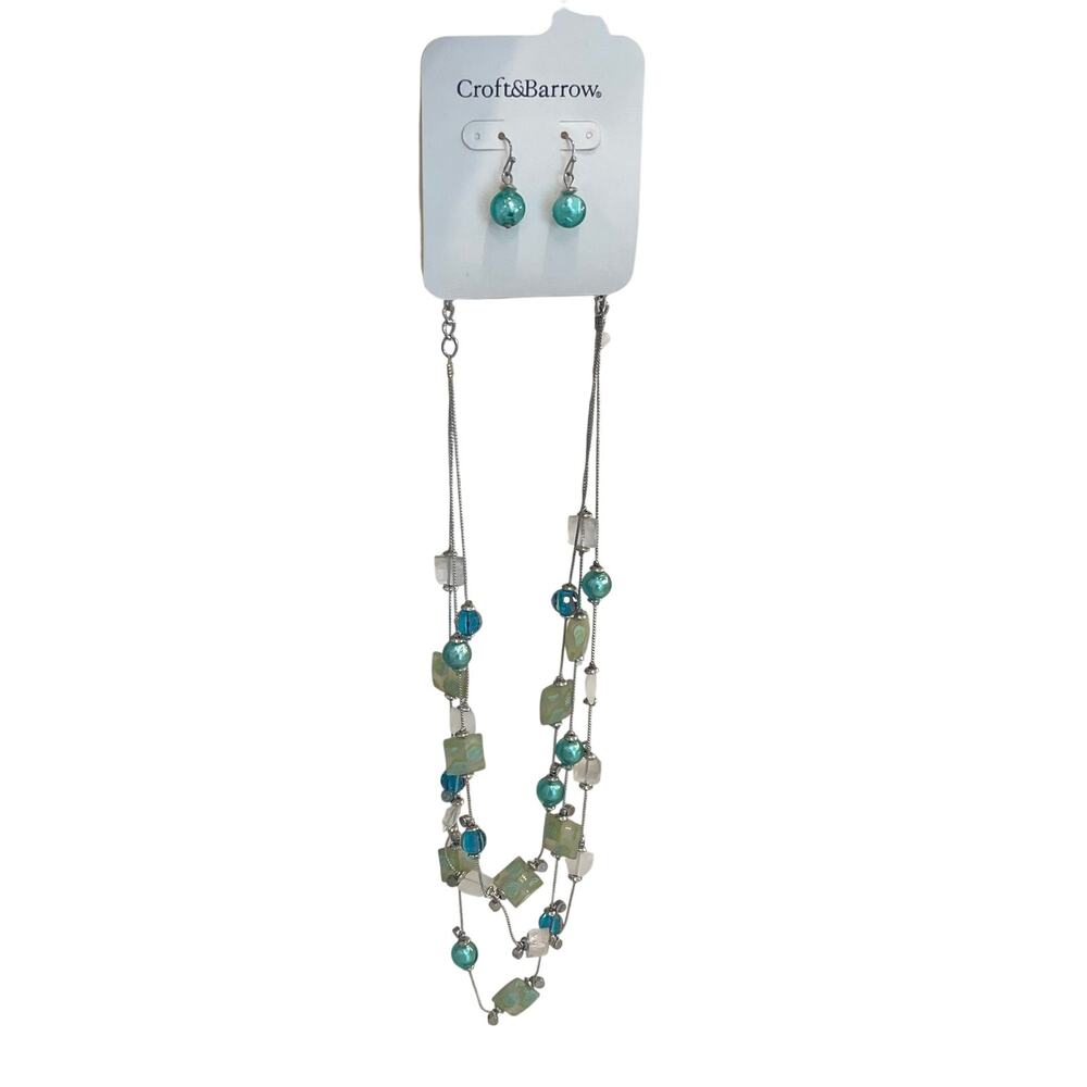 New Croft & Barrow Silver Tone Triple Strand Necklace & Earrings Turquoise Beads